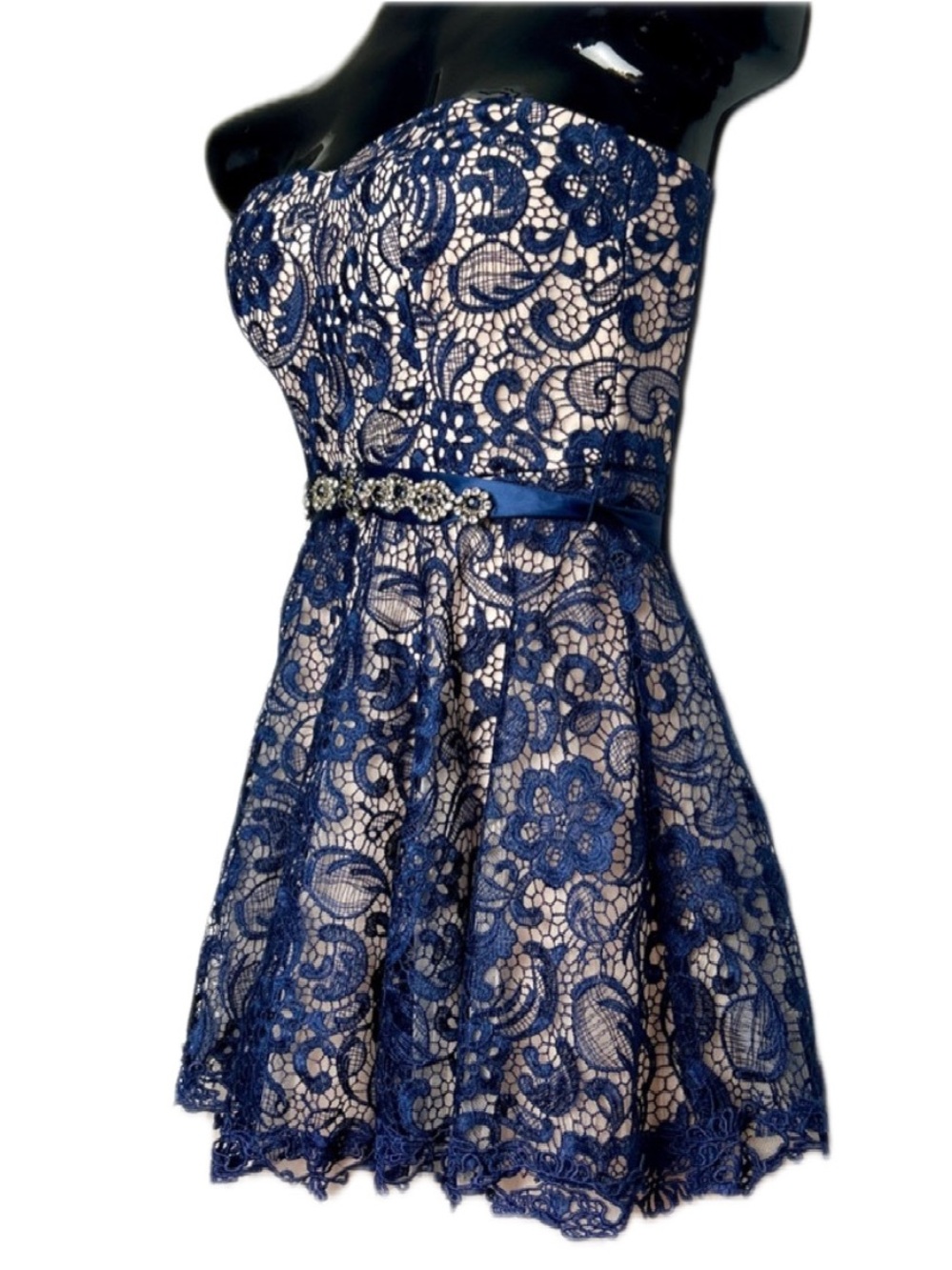 Elegant Navy Lace Dress with Belt